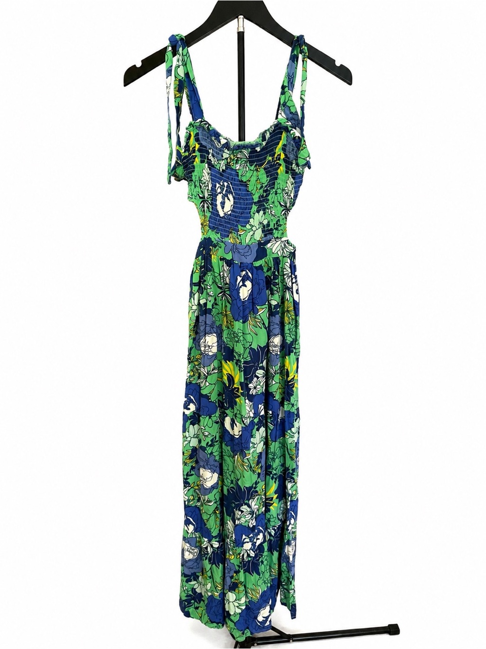 Japna Blue & Green Floral Smocked Maxi Dress with Tie Straps